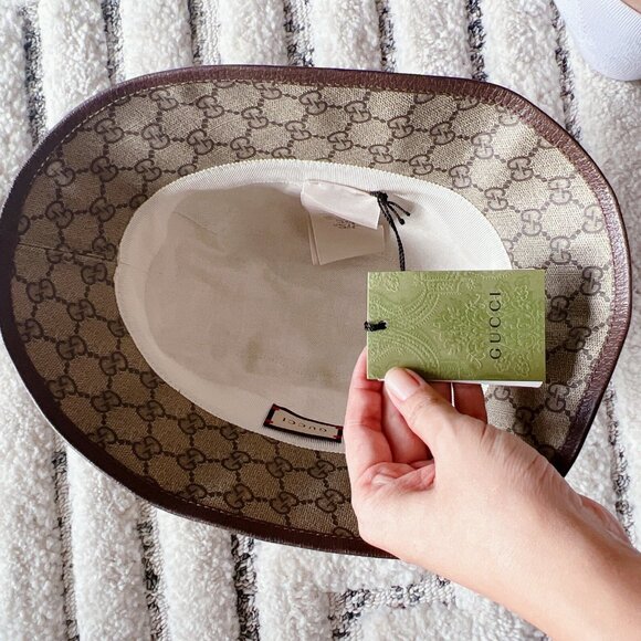 NEW Gucci Apple Supreme Logo Fedora Basket Hat Coated Canvas Beige Ebony Size S - Picture 8 of 14